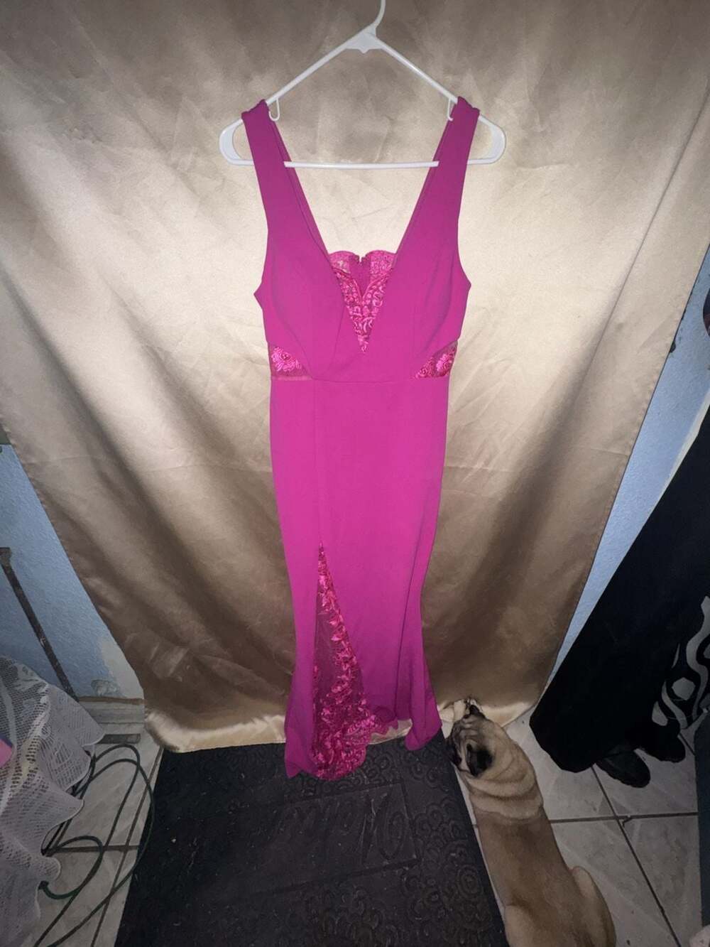 Fashion Nova Fuchsia Pink Bandage Maxi Dress with Lace Inserts and Side Slit